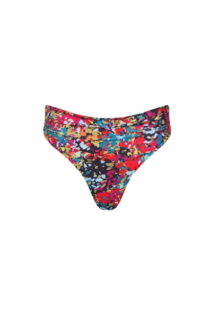 Capri Ruched High Waist Thong Bikini Bottom Red Confetti