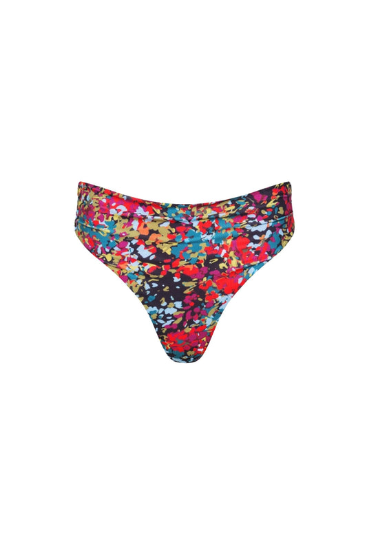 Capri Ruched High Waist Thong Bikini Bottom Red Confetti