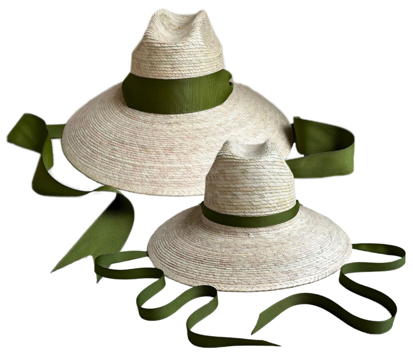 Mommy & Me Sun Hat Set - Hollyhock & Petunia - Long Olive Green Grosgrain Ribbon
