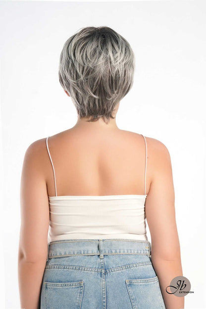 JBEXTENSION Pixie Cut Silver Half Real Human Hair Half Futura Fiber Fashion Women Wig SPRING
