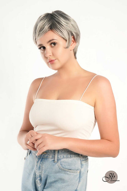 JBEXTENSION Pixie Cut Silver Half Real Human Hair Half Futura Fiber Fashion Women Wig SPRING