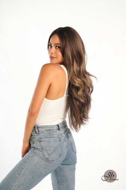 JBEXTENSION 26 Inches Curly Women Brown With Highlight Wig Pre-Cut Frontlace Glueless Wig EMMIE HIGHLIGHT