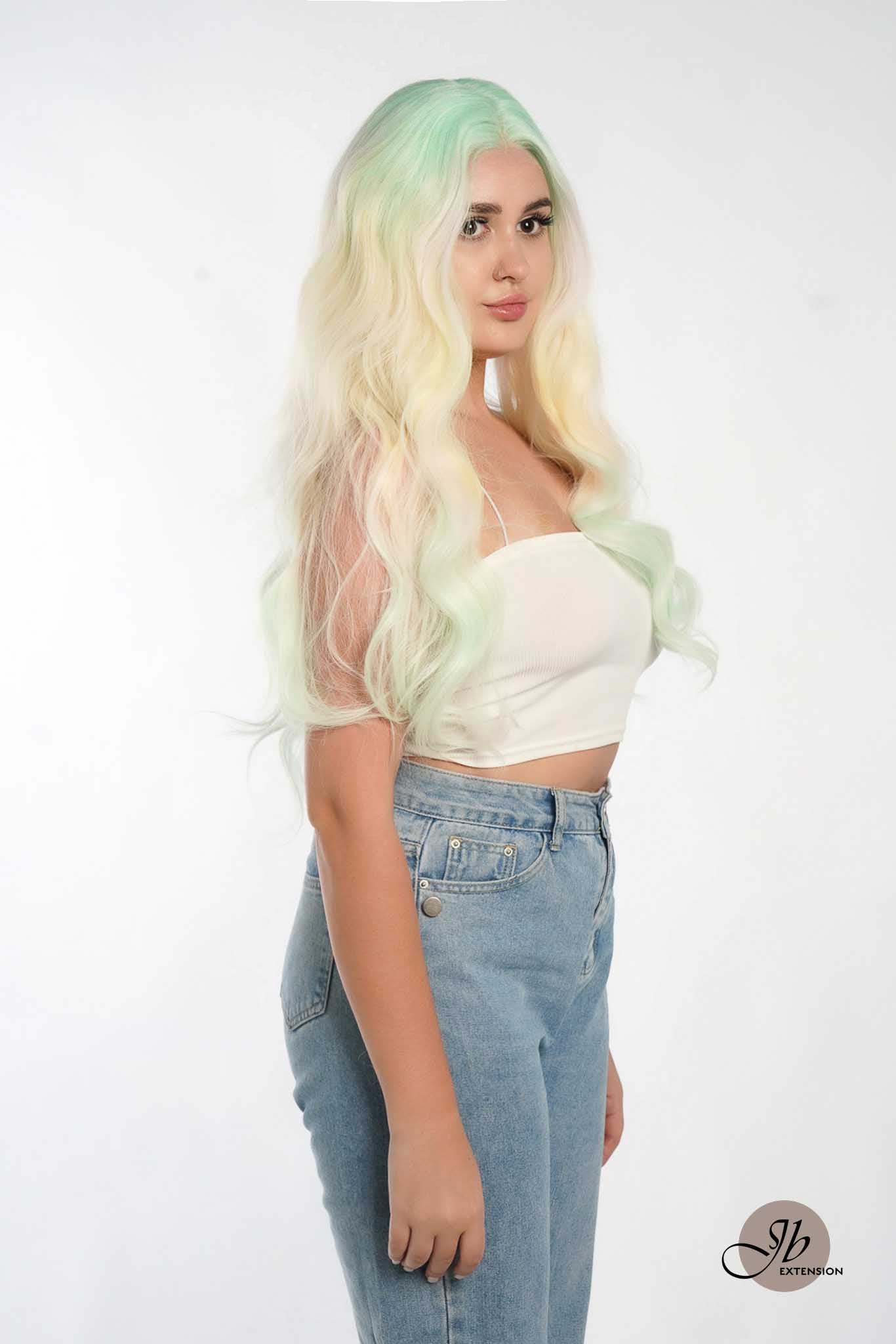 JBextension GLOW IN THE DARK 26 Inches Curly Rainbow Color Frontlace Glueless Wig FAIRY