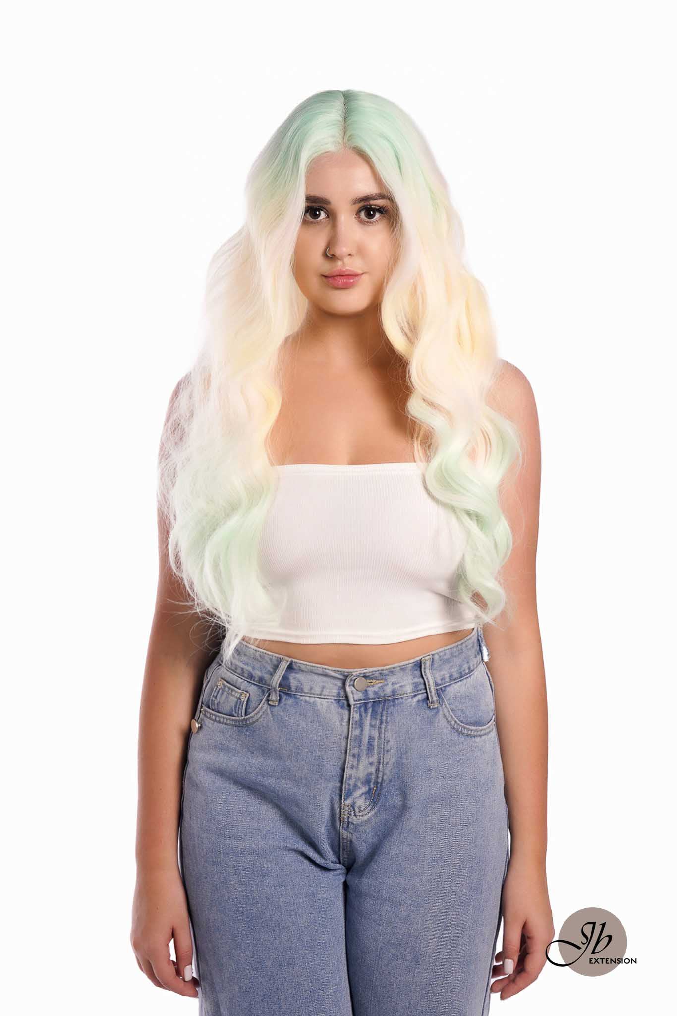 JBextension GLOW IN THE DARK 26 Inches Curly Rainbow Color Frontlace Glueless Wig FAIRY