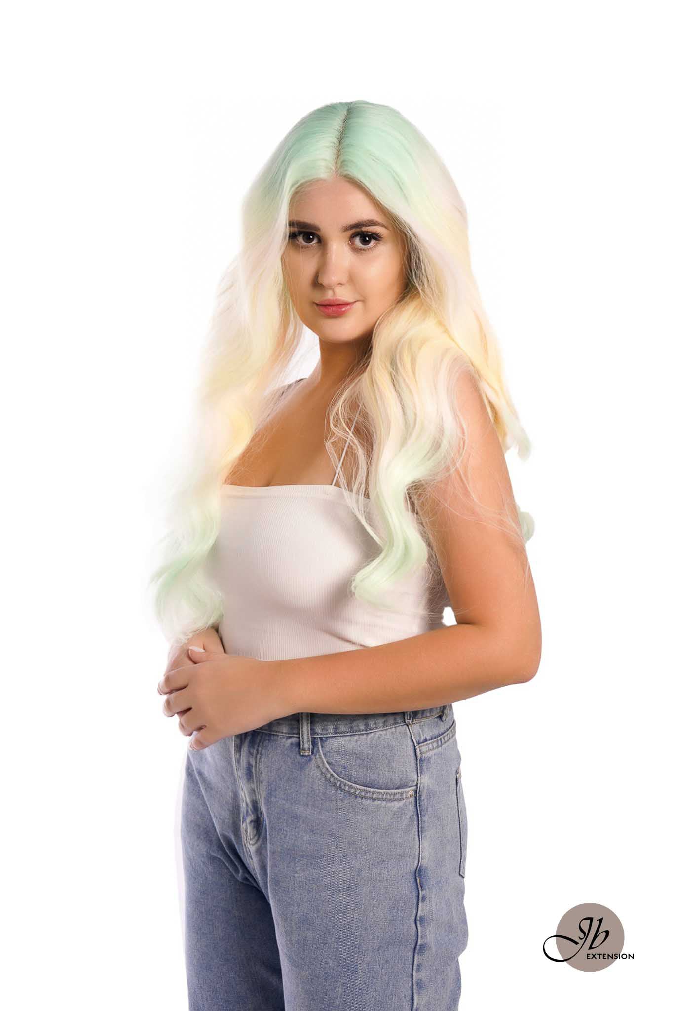 JBextension GLOW IN THE DARK 26 Inches Curly Rainbow Color Frontlace Glueless Wig FAIRY