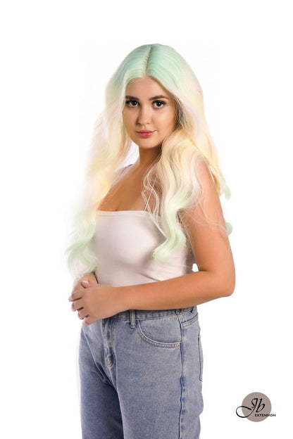 JBextension GLOW IN THE DARK 26 Inches Curly Rainbow Color Frontlace Glueless Wig FAIRY