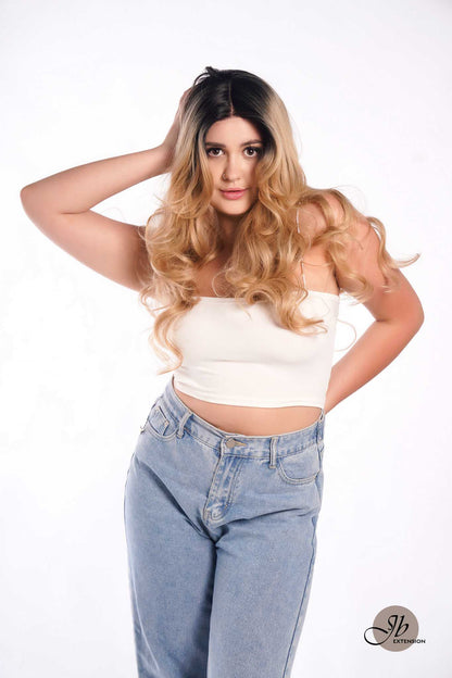 JBEXTENSION 24 Inches Body Wave Mix Blonde With Dark Root Pre-Cut Frontlace Glueless Wig AYLA MIX BLONDE