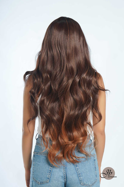 JBEXTENSION 30 Inches Long Curly Brown With Blonde Highlight Side Part Frontlace Glueless Wig SAFARY