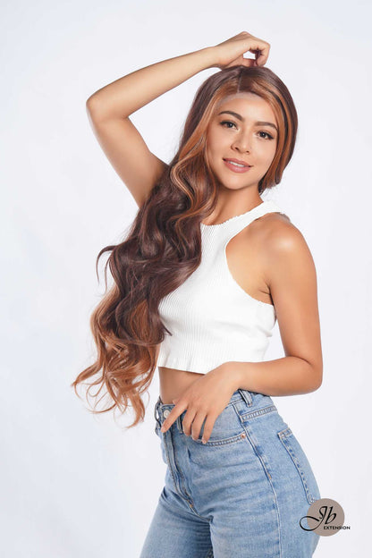 JBEXTENSION 30 Inches Long Curly Brown With Blonde Highlight Side Part Frontlace Glueless Wig SAFARY