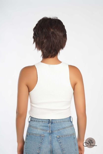 JBEXTENSION Pixie Cut Brown Half Real Human Hair Half Futura Fiber Fashion Wig KIM