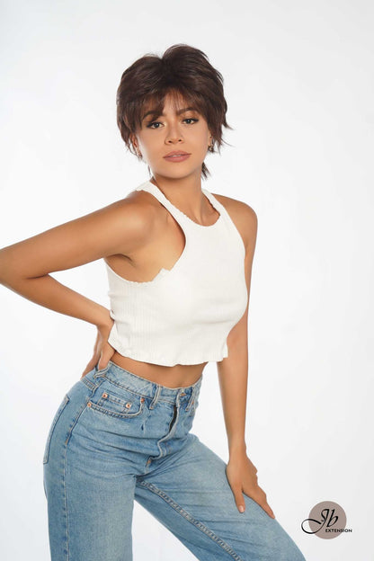 JBEXTENSION Pixie Cut Brown Half Real Human Hair Half Futura Fiber Fashion Wig KIM
