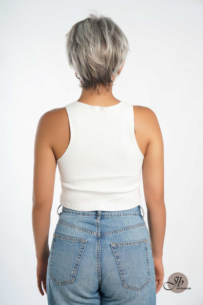 JBEXTENSION Pixie Cut Grey Silver Half Real Human Hair Half Futura Fiber Fashion Women Wig LINDA