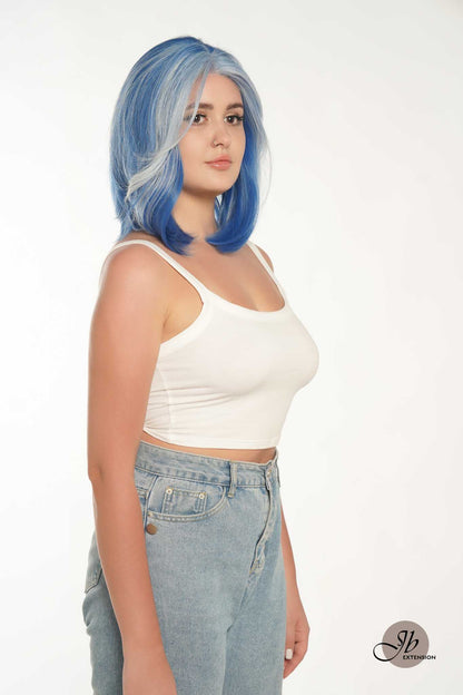 JBEXTENSION 12 Inches Bob Cut Blue With White Highlight Free Part Pre-Cut Frontlace Glueless Wig DOLPHIN