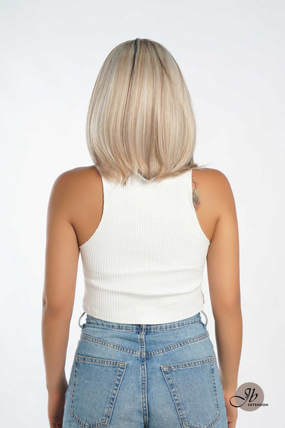 JBEXTENSION 12 Inches Bob Cut Mix Color With Blonde Brown Highlight Free Part Pre-Cut Frontlace Glueless Wig DOLPHIN CAPPUCCINO