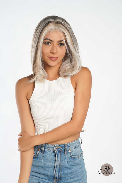 JBEXTENSION 12 Inches Bob Cut Mix Color With Blonde Brown Highlight Free Part Pre-Cut Frontlace Glueless Wig DOLPHIN CAPPUCCINO