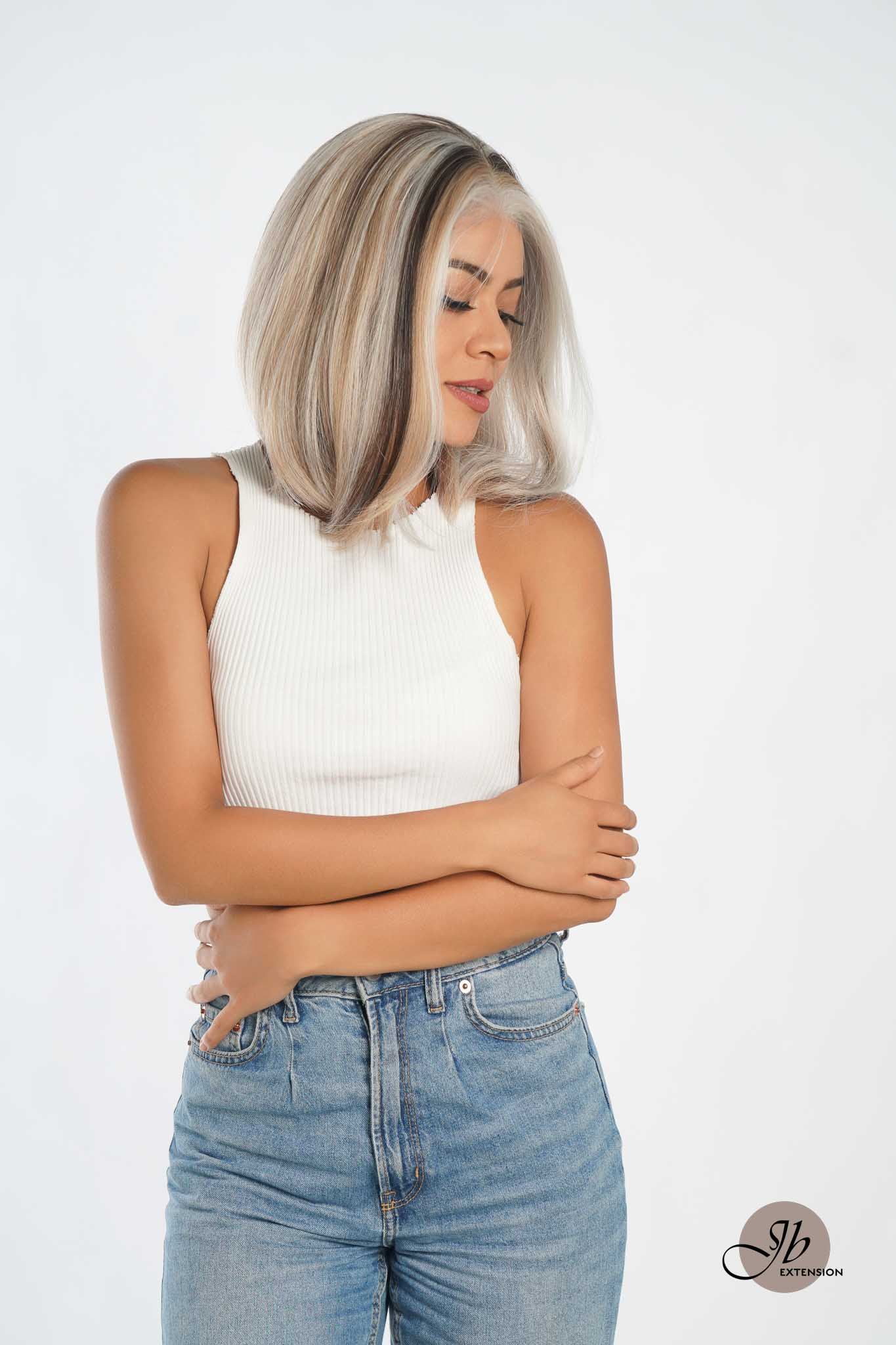 JBEXTENSION 12 Inches Bob Cut Mix Color With Blonde Brown Highlight Free Part Pre-Cut Frontlace Glueless Wig DOLPHIN CAPPUCCINO
