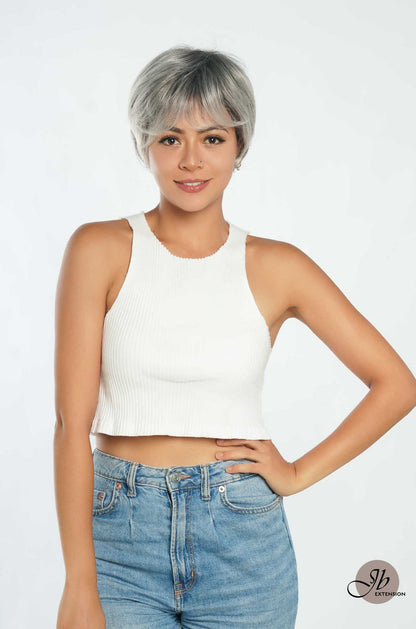 JBEXTENSION Pixie Cut Silver Half Real Human Hair Half Futura Fiber Fashion Women Wig WINTOUR