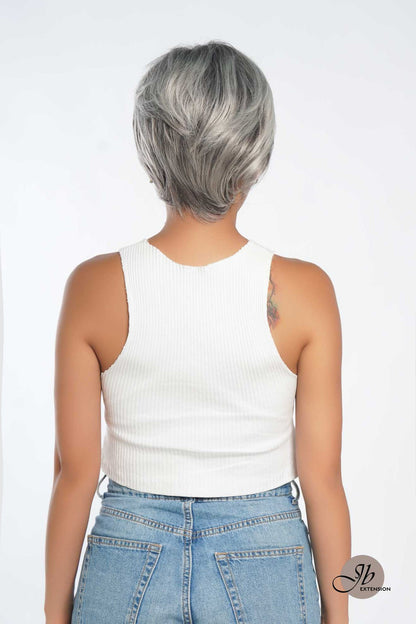 HOT OF SEASON -Pixie Cut Silver Half Real Human Hair Half Futura Fiber Fashion Women Wig WINTOUR