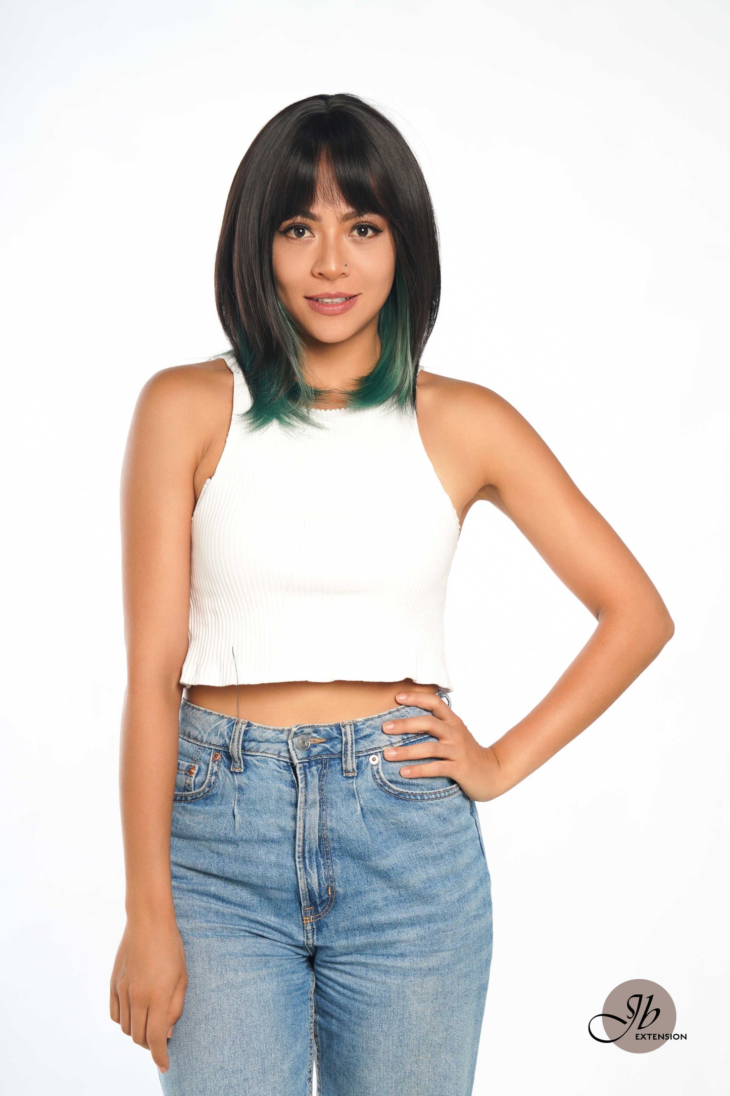 JBEXTENSION 14 Inches Ombre Green Wig With Bangs SELMA