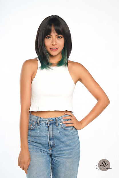 JBEXTENSION 14 Inches Ombre Green Wig With Bangs SELMA