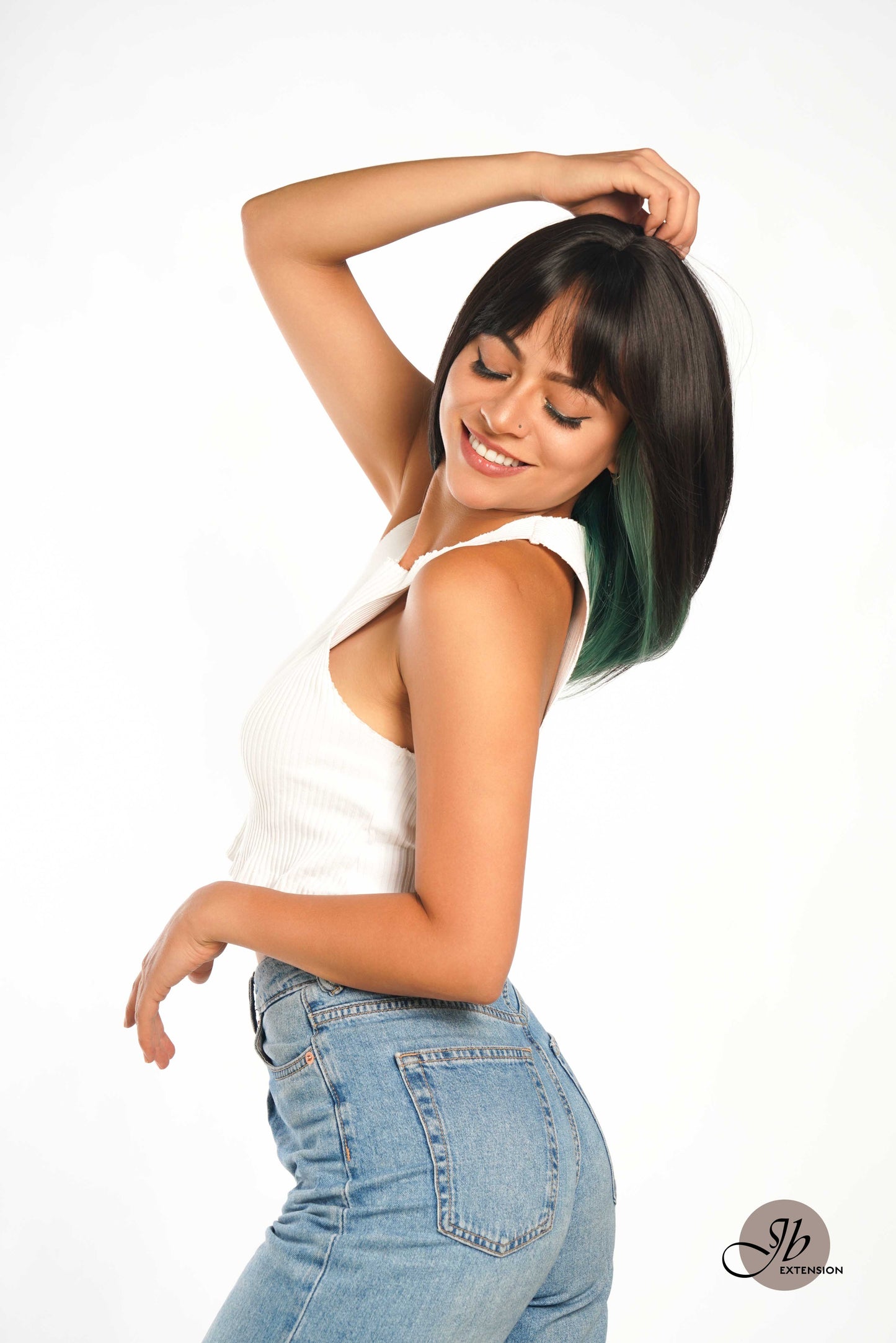 JBEXTENSION 14 Inches Ombre Green Wig With Bangs SELMA