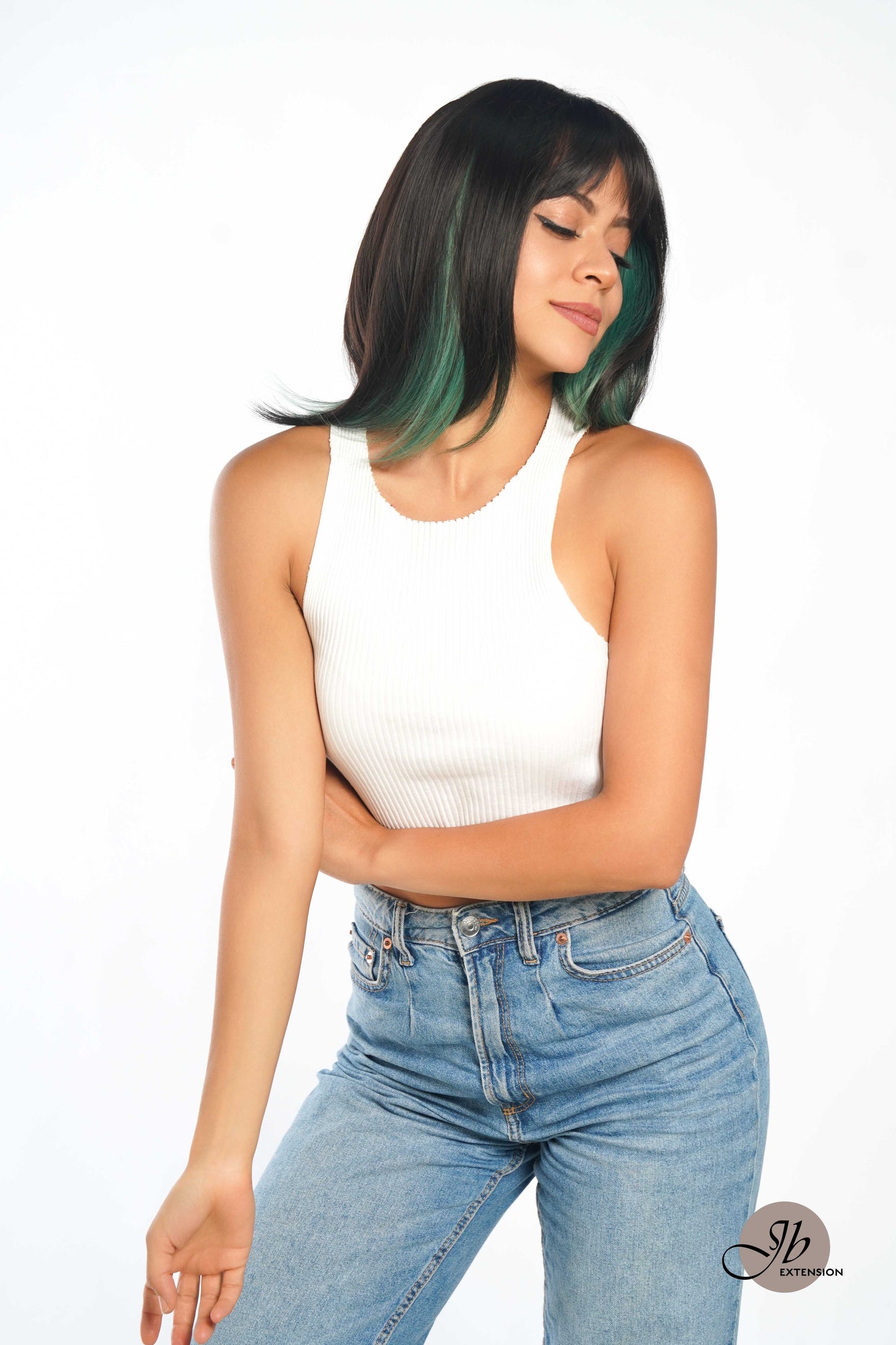 JBEXTENSION 14 Inches Ombre Green Wig With Bangs SELMA