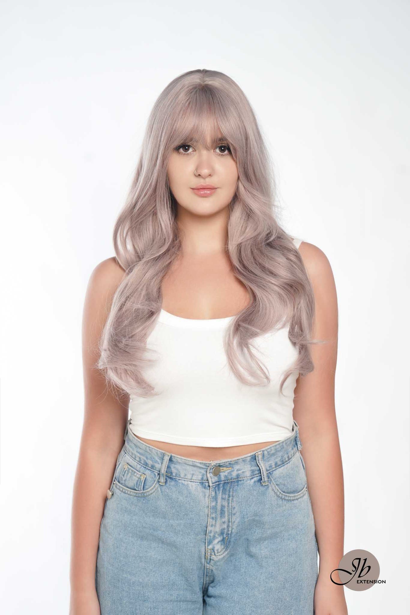 JBEXTENSION 25 Inches Grey Purple Curly Wig With Full Bangs KRISTINA PURPLE