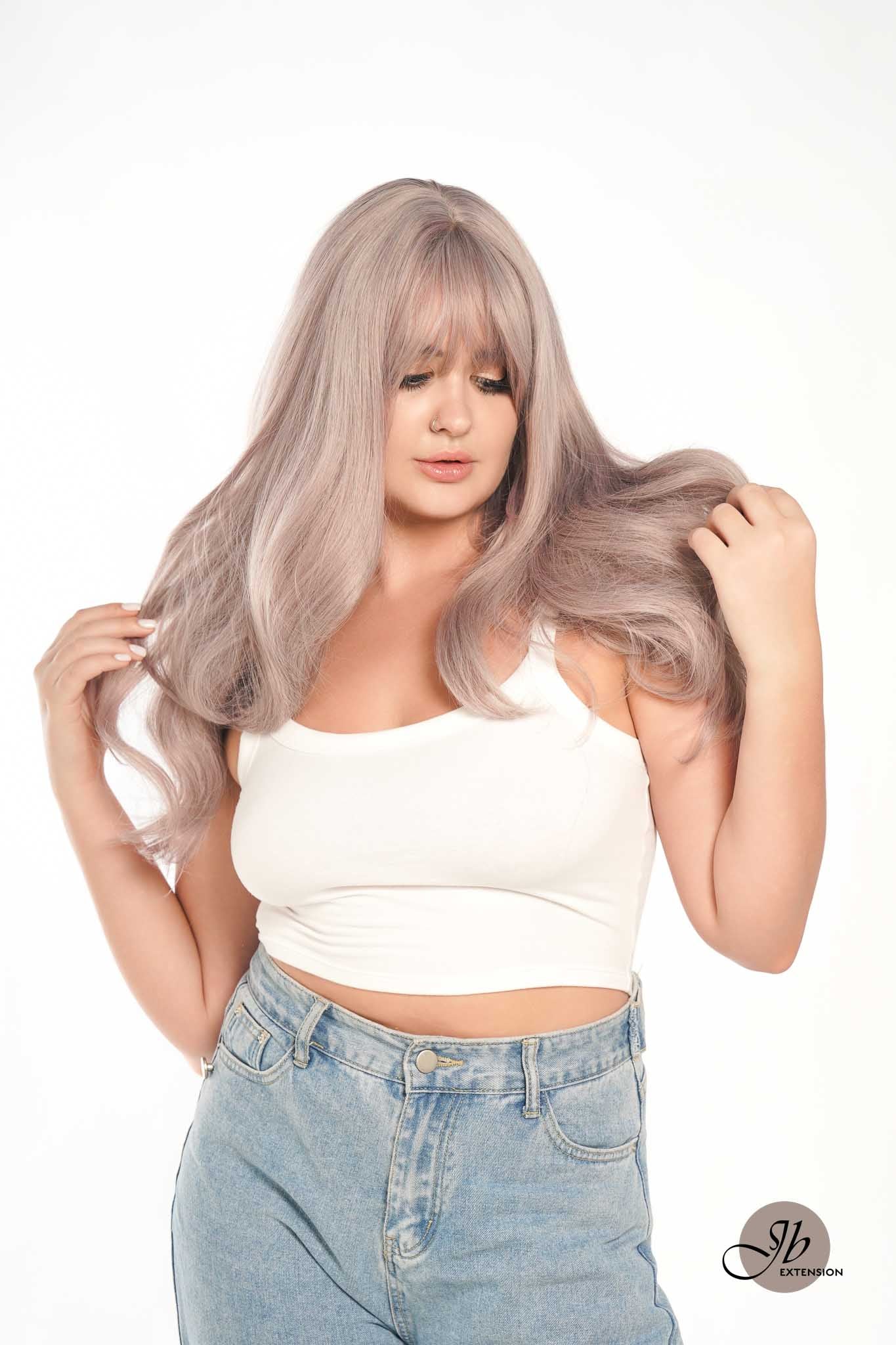 JBEXTENSION 25 Inches Grey Purple Curly Wig With Full Bangs KRISTINA PURPLE