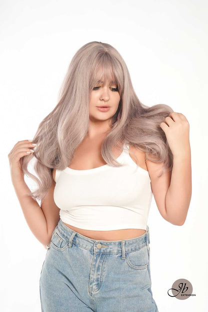 JBEXTENSION 25 Inches Grey Purple Curly Wig With Full Bangs KRISTINA PURPLE