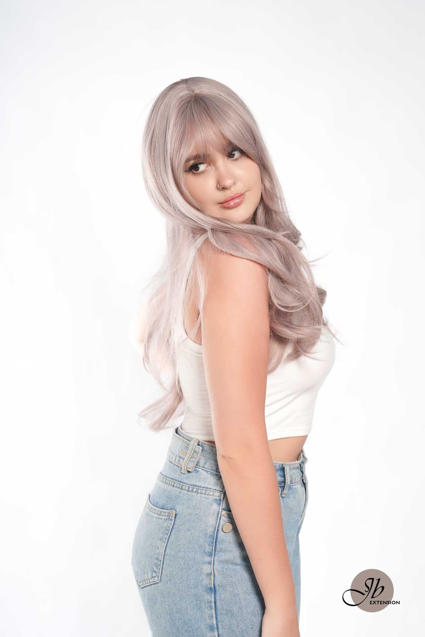 JBEXTENSION 25 Inches Grey Purple Curly Wig With Full Bangs KRISTINA PURPLE