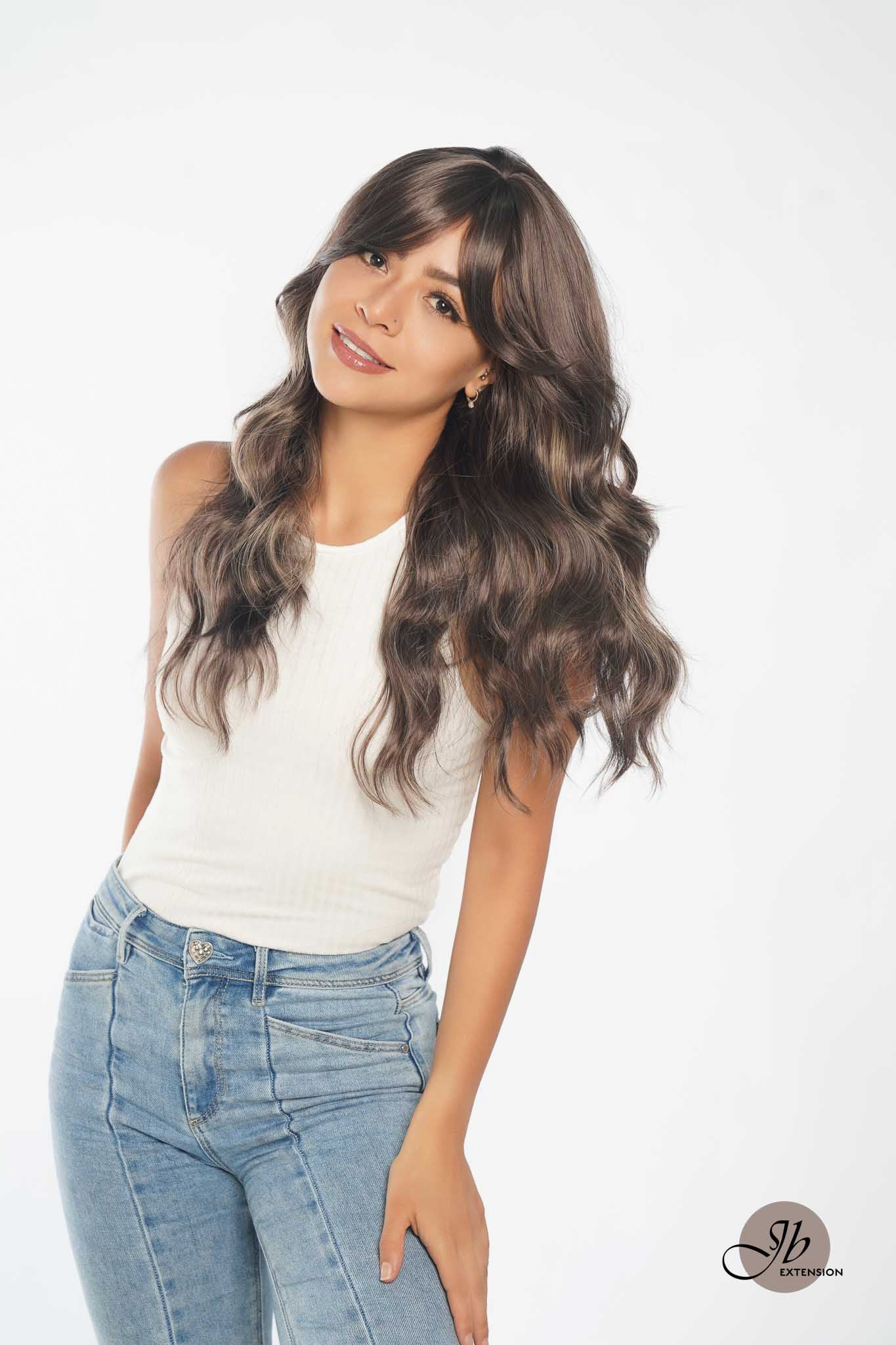 JBEXTENSION 22 Inches Brown With Highlight Women Wig With Bangs CLAIRE