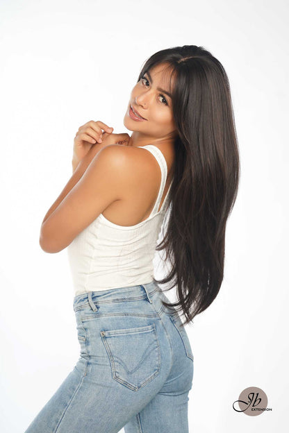 JBEXTENSION 26 Inches Scalpiana Tea Black Darkest Brown Wolf Cut 3.5X4 Hard Silky Top Natural Scalp Effect Wig With Bangs ELLIE SILK TOP