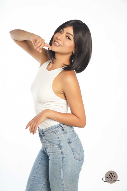JBEXTENSION 12 Inches Bob Cut Soft Black Short Hair With Bangs Zig Zag Part Wig DORA BROWN