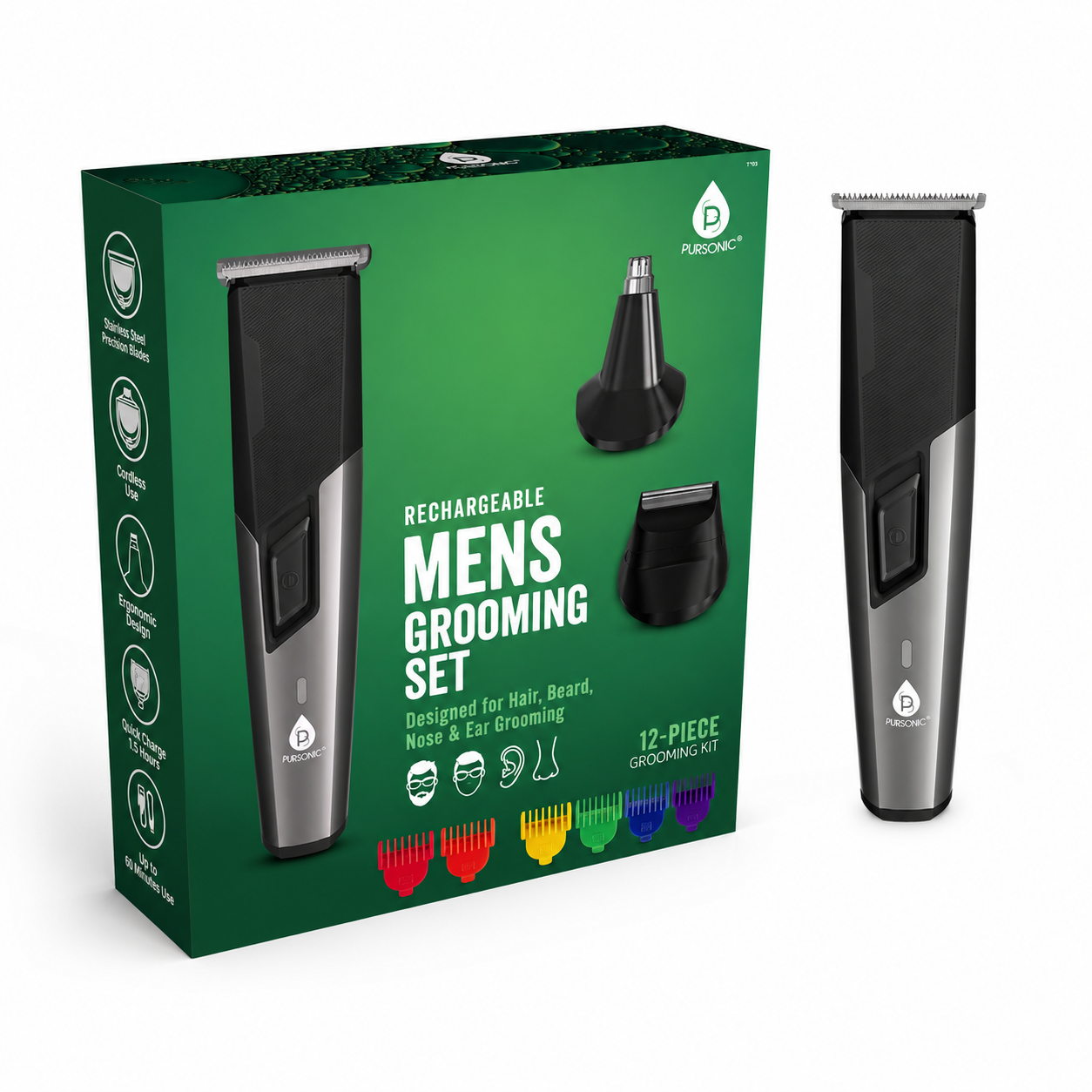 Rechargeable Men's Grooming Set - Complete Hair, Beard, Nose, and Ear Grooming Kit