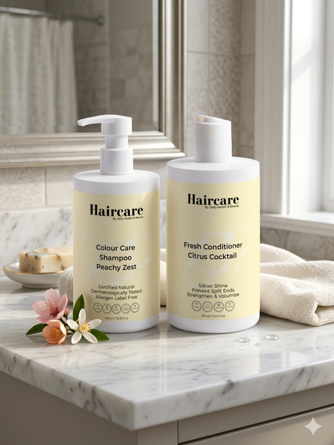 Colour Care Bundle bottles — Peachy Grapefruit Zest shampoo & Citrus Cocktail conditioner, dual citrus scents