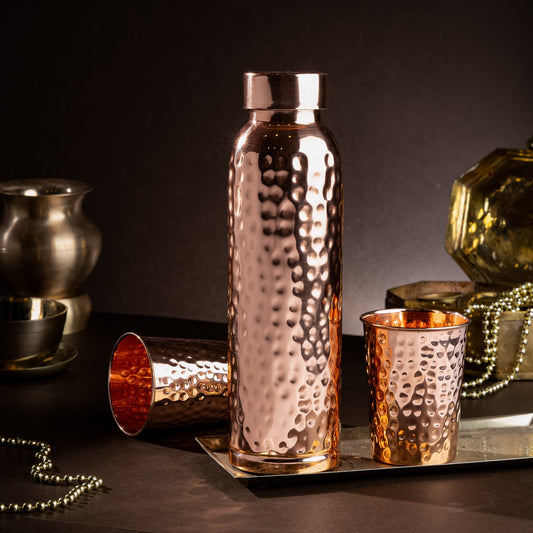 Ayurvedic Drinking Set - Copper Bottle and Cups - Hammered