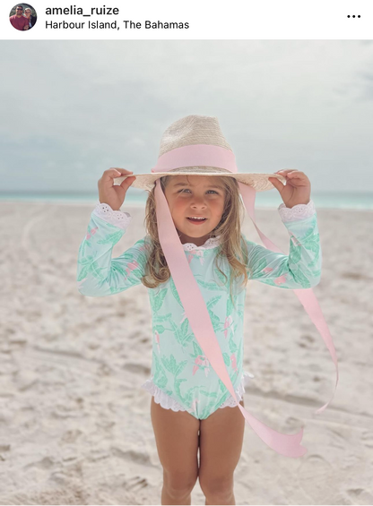 Zinnia Sun Hat for Little Girls (Age 4-10) - Long Pastel Pink Grosgrain Ribbon