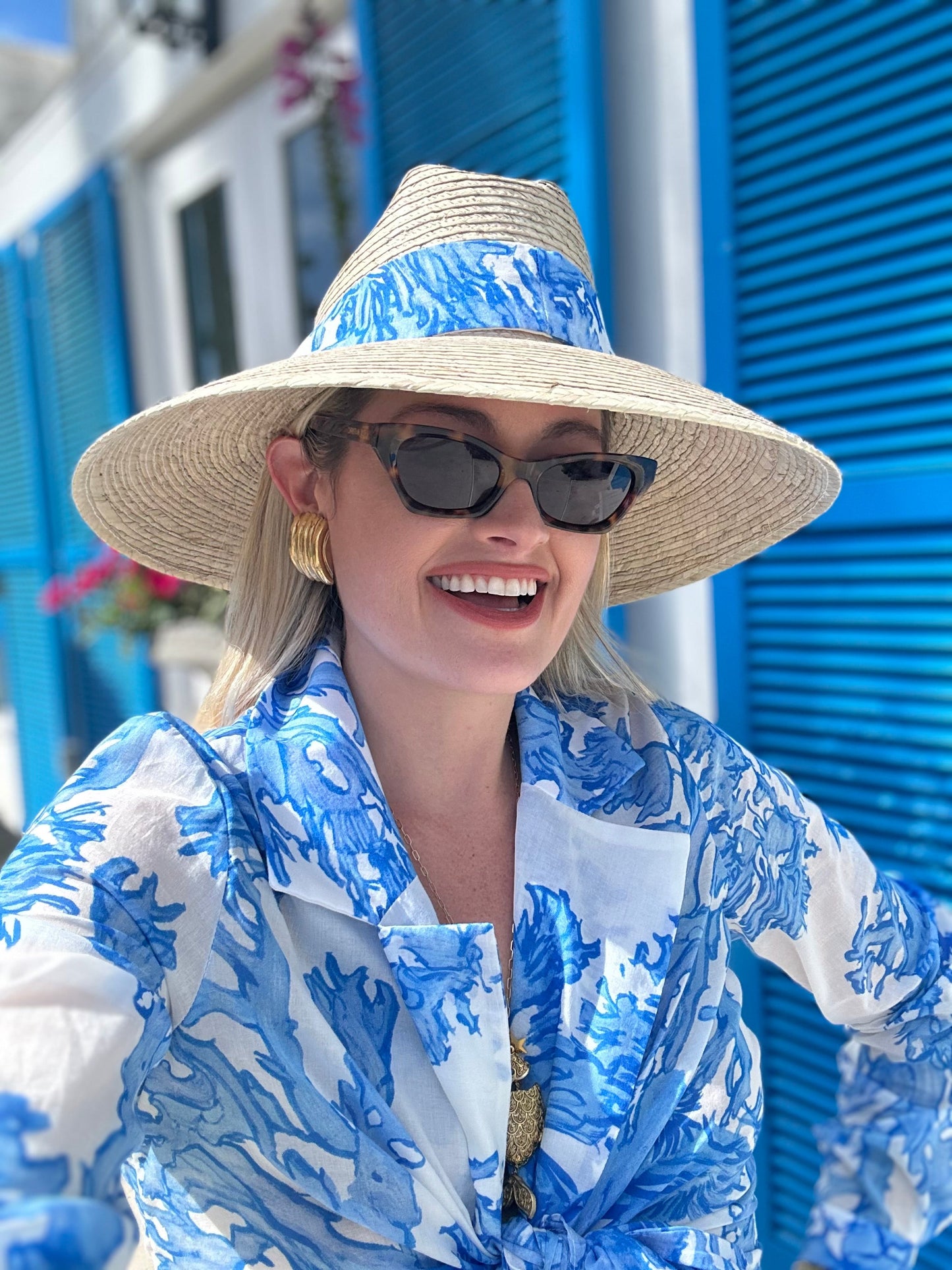 Hollyhock Sun Hat - Long & Thin Blue Gingham Ribbon with Wood Nautical Toggle