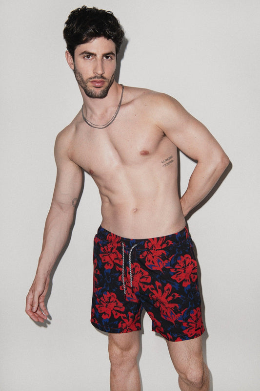 Tulum Volley Swim Trunk Red Vintage Floral