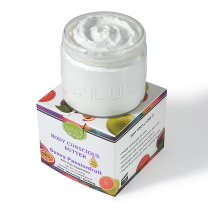 Manteca corporal consciente de guayaba, maracuyá y ácido kójico para una piel luminosa, uniforme y radiante.