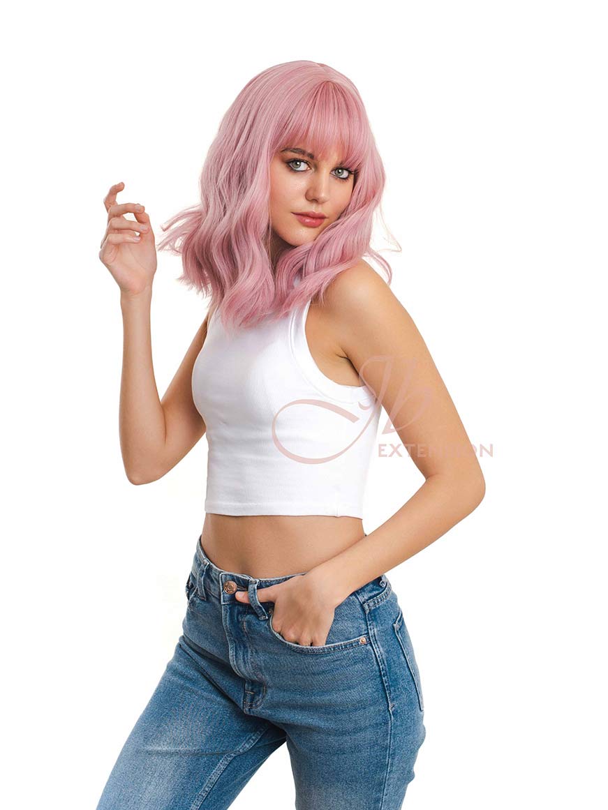 JBEXTENSION 14 Inches Pink Body Wave Wig With Bangs ADA