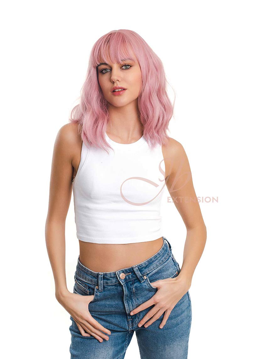 JBEXTENSION 14 Inches Pink Body Wave Wig With Bangs ADA