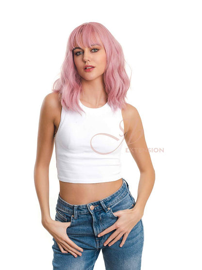 JBEXTENSION 14 Inches Pink Body Wave Wig With Bangs ADA