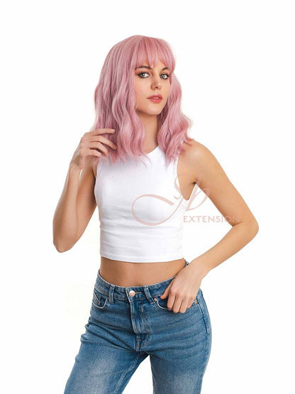 JBEXTENSION 14 Inches Pink Body Wave Wig With Bangs ADA