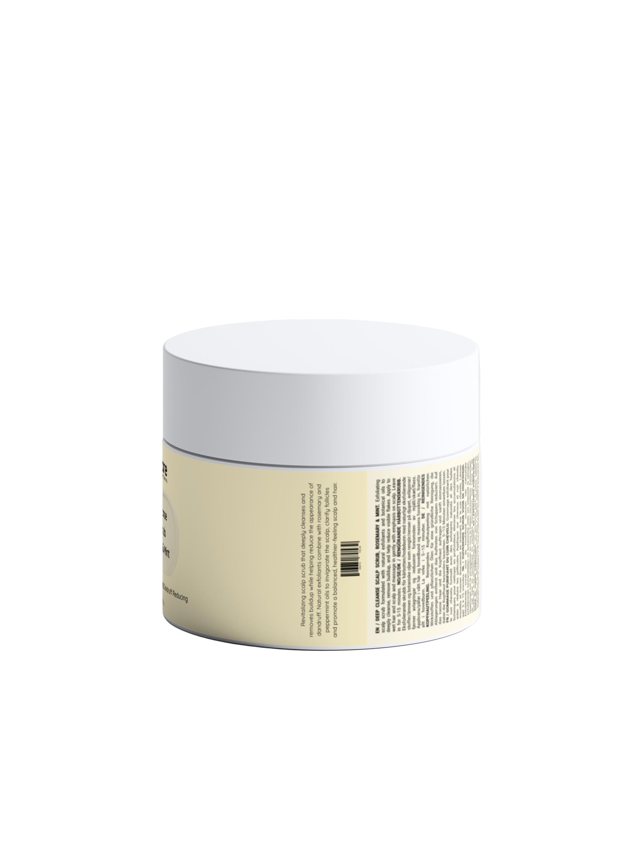 Cosmetic jar with a white lid and beige body on a light gray background