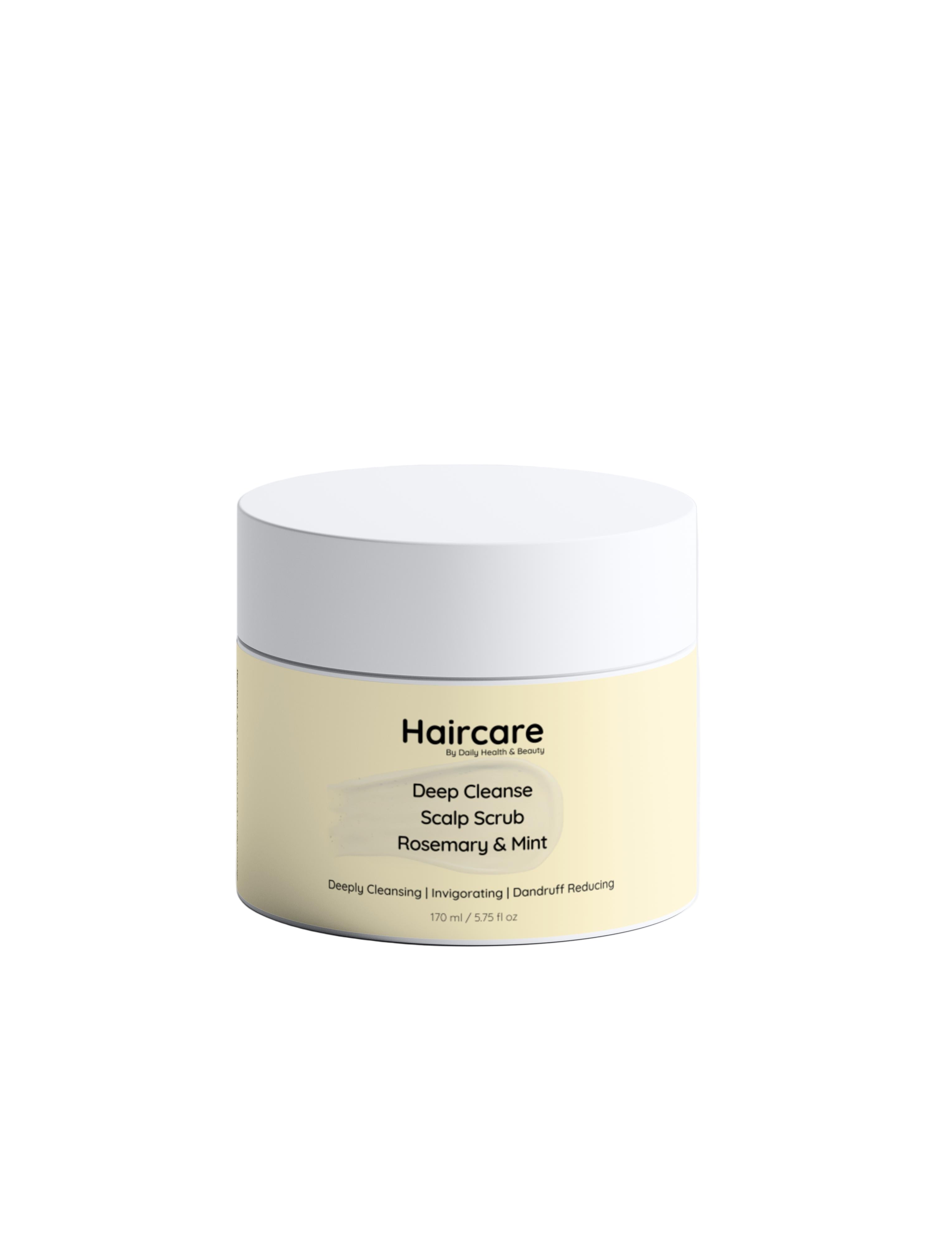 Haircare product jar with white lid and beige body on a light gray background