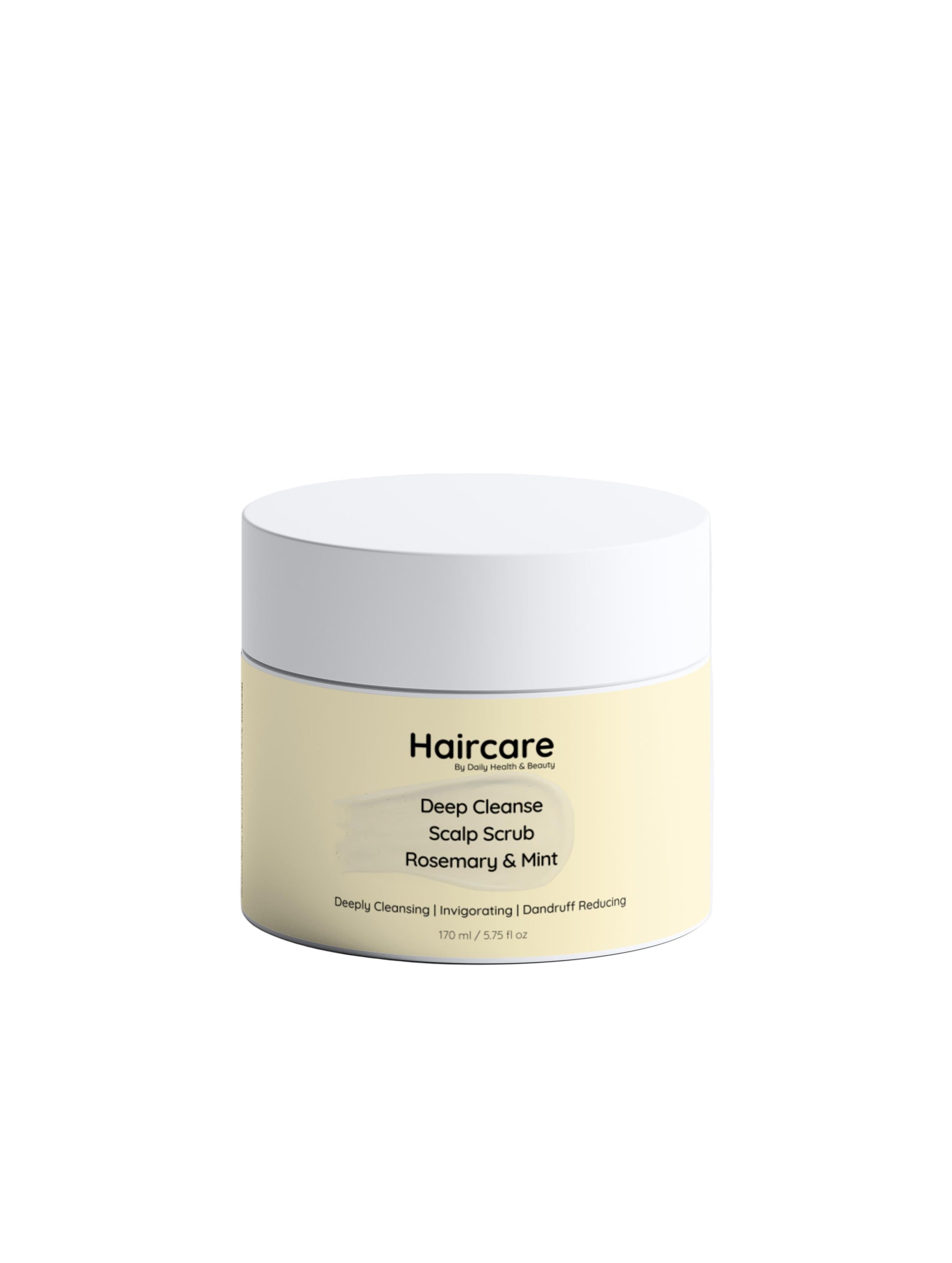 Haircare product jar with white lid and beige body on a light gray background