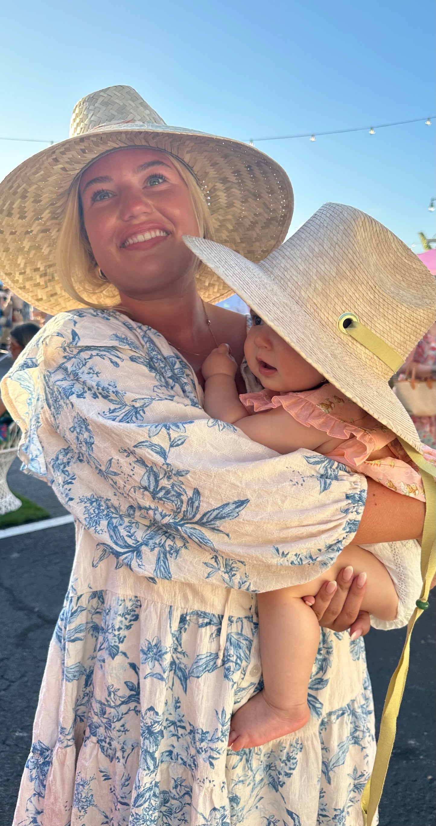 Mommy & Me Sun Hat Set - Hollyhock & Petunia - Long Olive Green Grosgrain Ribbon