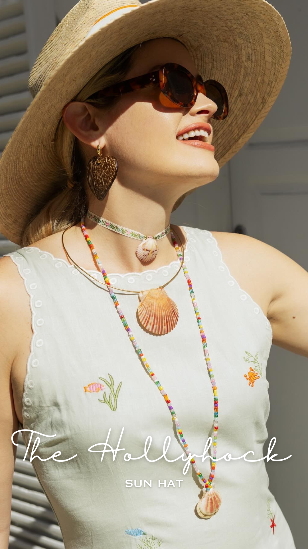 Hollyhock Sun Hat - Long & Thin Blue Gingham Ribbon with Wood Nautical Toggle