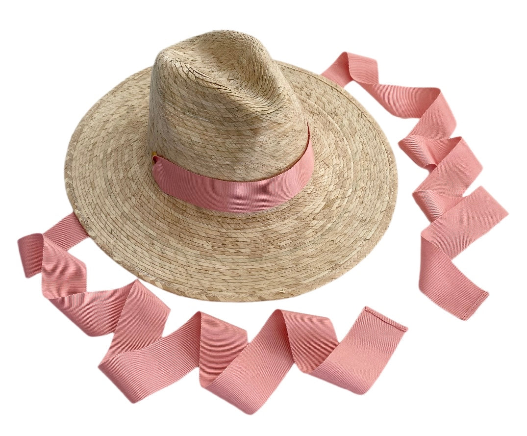 Zinnia Sun Hat for Little Girls (Age 4-10) - Coral Grosgrain Ribbon